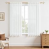 MRTREES Stores Gardine Weiß Wohnzimmer Gardinen modern Schlaufenschal 2er Set 122×140cm (H×B) Vorhänge Leinenoptik halbtransparent Schals Vorhang kurz