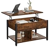YITAHOME Couchtisch mit Anhebbarer Platte, Leicht Anzuheben, 2-Stufiger Stauraum, Höhenverstellbarer Couchtisch mit Verstecktem Staufach und Ablagefläche für Wohnzimmer, Büro, Vintage-Braun