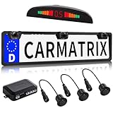 CARMATRIX Funk Einparkhilfe mit 3 PDC Sensoren Universal rückfahrwarner im Kennzeichen Nummernschild Kennzeichenhalterung kabellos hinten schwarz lackiert mit Farb Display