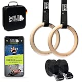 Wild Instincts Premium Turnringe Holz 28mm mit WebApp - Trainingsringe mit 5m Gurtbändern inkl. Case - Gymnastikringe zum Turnen - Calisthenics Ringe - Gymnastic Rings