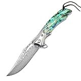 Muschel Klappmesser Damast taschenmesser Premium aus Damaststahl Rohbau Damaszener Outdoor messer Survival edc Jagdmesser scharfes einhandmesser/Holster, Geschenk für männer