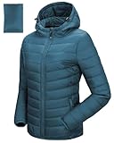 33,000ft Damen Leichte Steppjacke Packbare Übergangsjacke mit Taschen für Frauen Gefüttert Warme Pufferjacke mit Kapuze für Outdoor Freizeit Wandern Petrol Blau S