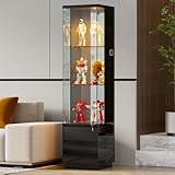 Gurexl Vitrine mit LED-Beleuchtung und Cabinet,Glasvitrine mit Körpersensor-System und Abschließbare Glastüren,Hochglanzfront Eckvitrine W400xD380xH1650mm,für Wohnzimmer, Büro, Bücher,Schwarz