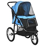 PawHut Hundewagen Hundebuggy klappbar für Hunde & Katzen bis 20 kg Katzenbuggy mit geländegängige Gummiräder Kissen Netzfenstern Türen Katzenwagen mit Aufbewahrungskorb Buggy Blau