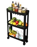Ribelli Rollwagen 3 Ebenen, Küchenwagen schmal, Küchenregal auf Rollen, Nischenregal mit 8 Haken, Servierwagen Kunststoff für Bad, Küche, Büro, Schwarz