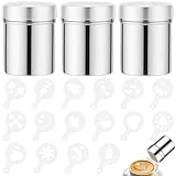 XSHAO® 3 STK Kakaostreuer, Edelstahl Pulverstreuer Mehlstreuer mit Deckel Kakao Streuer Cappuccino mit 16 Kaffee Schablonen für Kaffee Kakao Chocolate Puderzucker Salz