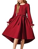 Arshiner Mädchen Kleid Festlich Chiffonkleid Rot Elegant Abendkleid Kinder Weihnachtskleid Partykleid Laternenärmeln Herbstkleid Kinderkleidung mit Tasche 11-12 Jahre