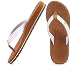ONCAI Zehentrenner Damen mit Arch Support Yoga Matte Schwimmbad Sommer Strand Flip Flops Frau Sandalen Badelatschen mit Orthopädischen Gummisohlen Weiß/Khaki EU 38.5