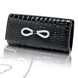 Larcenciel Clutch Schwarz, Strass-Schleife Handtasche mit Abnehmbarer Kette, Elegante Umhängetasche mit Krokodil-Muster, Mode PU Leder Abendtasche, Crossbody Tasche für Hochzeit, Bankett, 22x11x5CM
