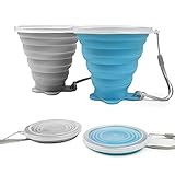 ddLUCK Faltbare Silikon-Becher, 2 Stück, BPA-frei, faltbare Reisebecher, faltbare Silikon-Becher mit Kunststoff-Deckel, wiederverwendbar, tragbares Tassen-Set für Picknick, Camping, Wandern, Reisen