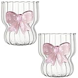 INSYOHO Saftgläser mit Schleife – 250 ml, gestreift, niedliche Glasbecher für Frauen und Mädchen, elegante rosa Gläser, Trinkbecher, Geschenk-Set für Zuhause, Party, Büro, Geschenkidee, 2 Stück