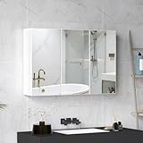 HOMCOM Spiegelschrank Bad mit 3 Spielgeltüren, Badezimmerschrank mit 5 Regale, Badschrank Hängeschrank Wandschrank für Badezimmer, Weiß, 90 x 15,5 x 60 cm