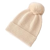 Vintage Dicke Beanies Pom Pom Gerippter Saum Weiche Strickmütze Hut Herbst Winter Kaschmir Warme Bommelmütze, beige, Einheitsgröße