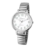 JewelryWe Damenuhr Elastische Uhr für Senioren: Silber Analog Quarz Armbanduhr Damen Stretcharmband Lässige Uhr mit Schmal Edelstahl Zugarmband & großem leicht ablesbar Zifferblatt