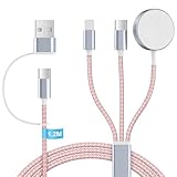 Ladekabel für Apple Watch und iphone Ladegerät - 3 in 2 Charging Kabel Ladestation für iWatch Serien, 120cm USB C SchnellLadekabel für iPhone 15/14/13/12/11/iPad/AirPods, (Rosa)