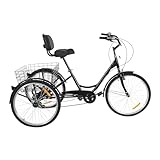 Ecoggeder 24 Zoll Fahrrad Erwachsenendreirad mit Einkaufskorb 7 Gang Dreirad Fahrrad Höhe Verstellbar City Dreirad für Einkaufen, Radfahren,Picknick