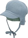 Sterntaler Schirmmütze Nacken Wende - Jungen Mütze zum Wenden mit kleinem Nackenschutz - UV-Schutz 50 Sonnenhut zum Binden - Baby und Kinder Kopfbedeckung aus Musselin (Bio) - graublau, Größe 43