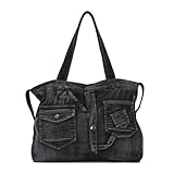 EVEOUT Denim Schultertasche Damen Vintage Denim Tote Tasche mit Schulterriemen Jeans Shopper Umhängetaschen für die Arbeit Urlaub Hochschule