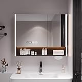 Badezimmer-Spiegelschränke mit LED-Lichtern, Wandmontage, Badezimmerschränke mit offenem Regalfach, Touch-Sensor, 3 Farben, dimmbar, verdeckte Aufbewahrung