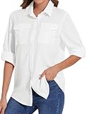 Tuopuda Hemdbluse Damen UV Shirt UPF50+ UV Schutz Safari Kleidung Wanderbluse Outdoor Cooling Sonnenschutz Langarm Luftiges Hemd Tops Sport Oberteile Atmungsaktiv, Weiß, L