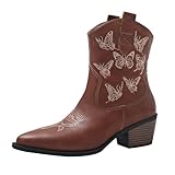 Cowboystiefel für Damen, wadenhoch, bestickt, klobiger Absatz, spitzer Zehenbereich, Damenschuhe, wasserabweisend, leicht zu reinigen, warmer Winterstiefel, einfacheres An- und Ausziehen, bequemer