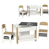 HOMCOM 3-teiliges Set Kindertisch und 2 Stühle mit Tischplatte Wendetisch Tafel, Aufbewahrungskorb, Regale Naturholz