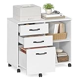 Rollcontainer, Aktenschrank, mit 3 Schubladen und Rollen, offene Fächer, für Dokumente in DIN A4-, Letter-Format, Druckerständer, Industrie-Design, weiß mit Holzmaserung