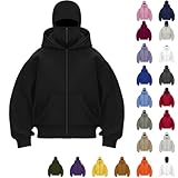Generisch Zip Hoodie Herren Damen Einfarbig Kapuzenpullover Warm Mit Sturmhaube Casual Reißverschluss Und Tasche Lockeres Sweatjacke Y2K Tops Fleece Winddichte Motor Fahrrad Kapuzenjacke Schwarz M
