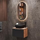 Planetmöbel Astra Badmöbel Set mit Waschtisch 60 cm Gold Eiche Anthrazit, Aufsatzwaschbecken 42 cm schwarz