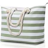 KALIDI Große Strandtasche mit Reißverschluss Wasserdicht Badetasche Strandtasche XXL Familie Beach Tote Bag mit Reißverschluss Große Shopper Damen Sporttasche Schultertasche, Streifen Grün Weiß