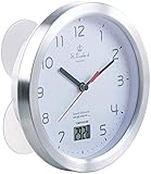 St. Leonhard Badezimmeruhr: Badezimmer-Wanduhr mit LCD-Thermometer und Aluminium-Rahmen, IPX4 (Uhr fürs Bad, Bad Wanduhr, Küchenuhr analog)