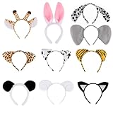 YiliYa 10 Stück Tier Haarreif mit Ohren Stirnbänder Tiger Elefant Hund Giraffe Hasen Katze Kostüm Zubehör für Kinder Erwachsene Karneval Geburtstag Halloween Themenparty