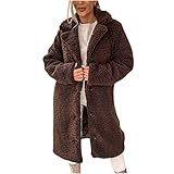 Keepink Damen-Mantel, Übergröße, flauschig, Doppel-Fleece, lange Jacke, warm, lässig, Teddy, Oberbekleidung mit Tasche, langärmelig, Button-Down, zottelige Strickjacke, Revers, Plüschjacke, Pullover