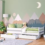 Bellabino Kinderbett Kuru 90x200 mit 2 Schubladen, Einzellbett für Kinder inkl. Rausfallschutz und Lattenrost, Kinder Bett weiß, Bett für Jungen und Mädchen