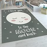 Paco Home Kinderteppich Kinderzimmer Mädchen Sterne Niedlicher Mond Spruch Grau, Grösse:160x230 cm