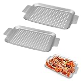 Miayical Grillschale 33 x 19 cm aus Edelstahl für Gemüse, Fleisch und Fisch, Gemüsekorb für Gas-, Elektro- und Holzkohlegrill, Fisch Grillkorb und Grillschale für Spieße verwendbar, 2er-Pack