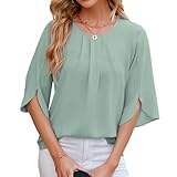 YUTILA Bluse Damen Elegant Tunika Chiffon Damenblusen Oberteil Einfarbig Frühling 3/4 Arm Oberteile Herbst Blusenshirt