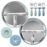 KIMIGO Edelstahl Baby Teller Mit Saugnapf, 2 X Babyteller Mit Saugnapf, Saugnapfteller,BPA-Frei,Spülmaschinenfest Mit Entfernbarer Silikon Hülle,Unzerbrechliches Baby Geschirrset,Grün + Blau