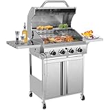 R.W.FLAME Gasgrill mit 4 Brennern, ASTM 304 Edelstahl-Propangasgrill mit 32000 BTU, Outdoor-Grill mit Deckel oben, Räder, seitliche Ablagen für Terrasse, Garten, Camping, Grillen, Kochen