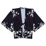 G-LIKE Japanischer Kimono Blumen Verzierung - Traditionelles Haori Federgewebe Kostüm Robe Überjacke Sonnenschutz Jacke Antiker Stil Nachthemd Bademantel Nachtwäsche für Damen Frauen (Schwarz)