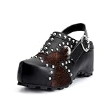 XOBZJH Plateau-Clogs für Damen mit Fußgewölbeunterstützung, natürlichem Kalbshaar und Patchwork-Lederoberseite, verstellbarer Riemen, mit Leder gefütterte Slip-On-Sandalen für flache Füße, Design