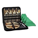 Camping-Geschirr, Besteck-Set für 4 Geschirr-Set, 24-teilig, gehämmertes goldfarbenes Edelstahl-Utensilien-Set mit Teller, Löffel, Gabel, gezacktem Messer, Weinöffner, Stoffservietten, Rucksackreisen,