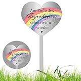 Grabstecker Wetterfest Herz Edelstahl Grabstecker, Grabdekoration Wetterfest Grabschmuck mit Gravur Am Ende des Regenbogens Sehen Wir Uns Wieder, Grab Deko zum Erinnerung Andenken Dekoherz Traue