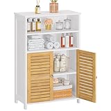 FORABAMB Badezimmerschrank, Badschrank mit Doppeltüren aus Bambus, 2 offene Fächer, Beistellschrank mit verstellbaren Eingeböden, Schrank für Esszimmer, Küche, Wohnzimmer, Hochschrank, 60 x 30 x 100cm