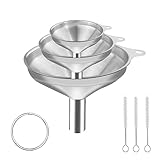 Nutabevr 3 Stück Edelstahl Trichter Set, Stapelbarer Kleiner Trichter Mit Griff, Küche Strainer Trichter mit 3 Reinigungsbürste mit Griff, geeignet zum Umfüllen von Flüssigkeiten und Pulvern