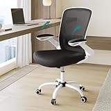 SONGMICS Ergonomischer Bürostuhl aus Segeltuch, Sessel, gepolsterte Lendenwirbelstütze, Wippmechanismus, breite Sitzfläche 53 cm, klappbare Armlehnen, schwarz und weiß OBN37WT