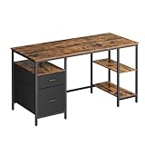 VASAGLE Computertisch, Bürotisch, Schreibtisch, mit 3 Ablagen, 2 Schubladen, 60 x 140 x 76 cm, fürs Büro, Wohnzimmer, Industrie-Stil, vintagebraun-schwarz LWD104B01