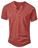 NITAGUT Henley Herren T-Shirt Baumwolle Leicht Slim Fit Kurzarm Freizeithemd Vintage Distressed Tee Shirts,Rot,XL