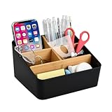 Schreibtisch Organizer, 5 Fächer Bambus Tisch Organizer, Desktop Stationery Storage Box, Büro Organizer mit Stifthalter, Holz Fernbedienungshalter, Aufbewahrungsbox für Stifte, Kosmetika (Schwarz)