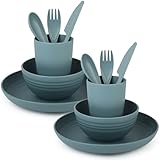 Belle Vous 4-tlg. Camping Geschirr aus Kunststoff - Campinggeschirr Set enthält Schüssel Teller Becher Messer Gabel Löffel - Camping-Geschirr Set - Picknick Geschirr - Navy Blau